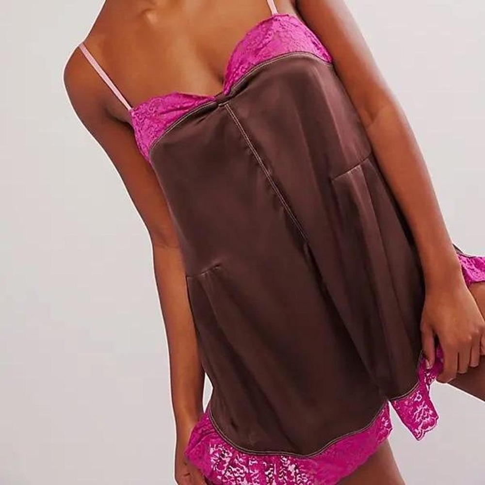 Free People First Date Lace Romper Satin Brown Pink Lace Medium